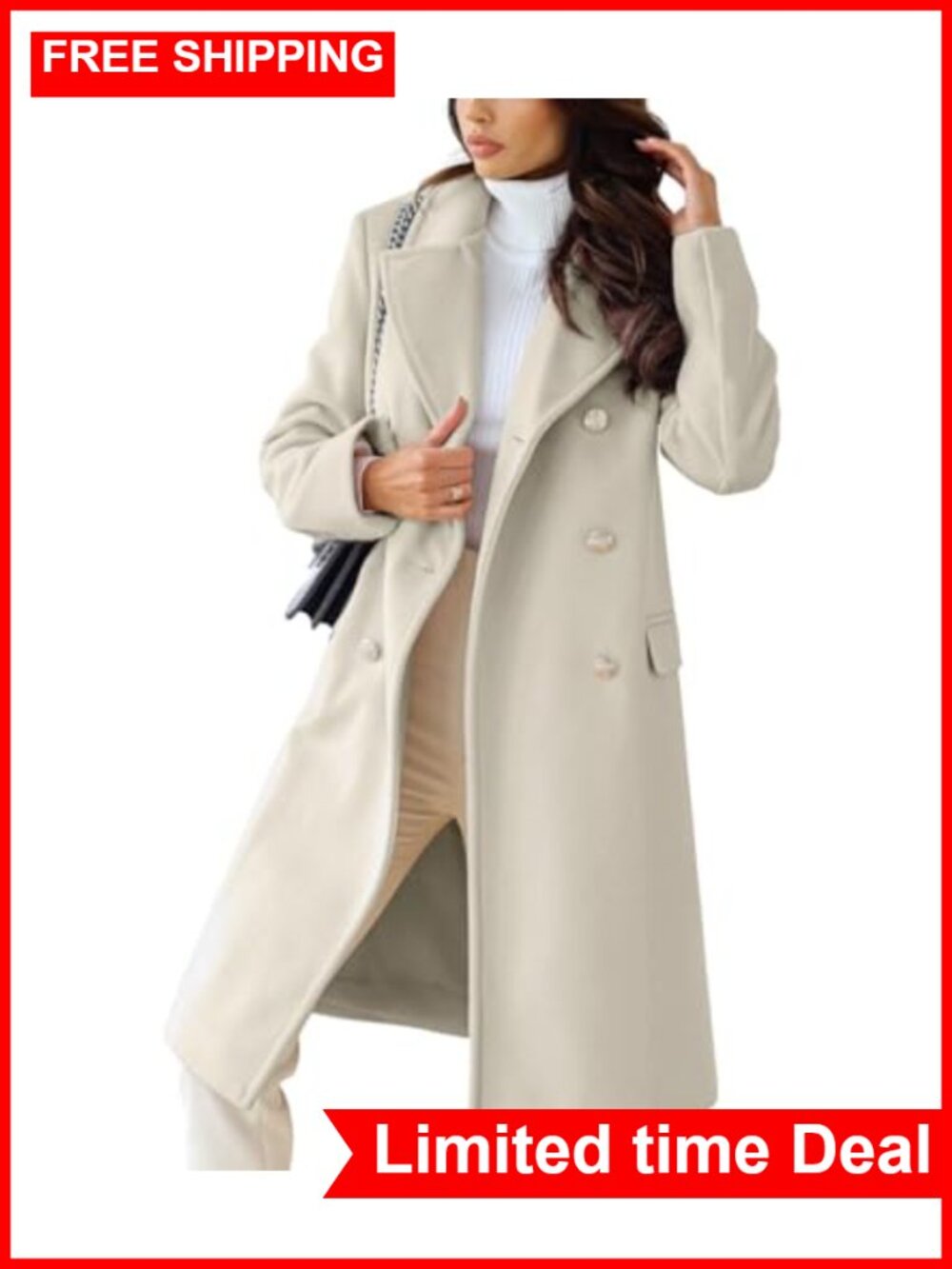 Women's Long Wool Pea Coat Double Breasted Winter Overcoat
